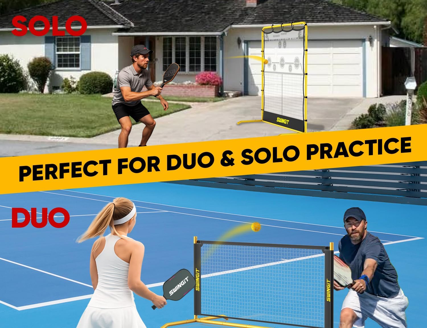 Our innovative pickleball rebounder board features flexible fiberglass poles, adjustable bungees for consistent tension, and a high-resilience mesh for natural bounce—perfect for solo practice, just like playing on a real court