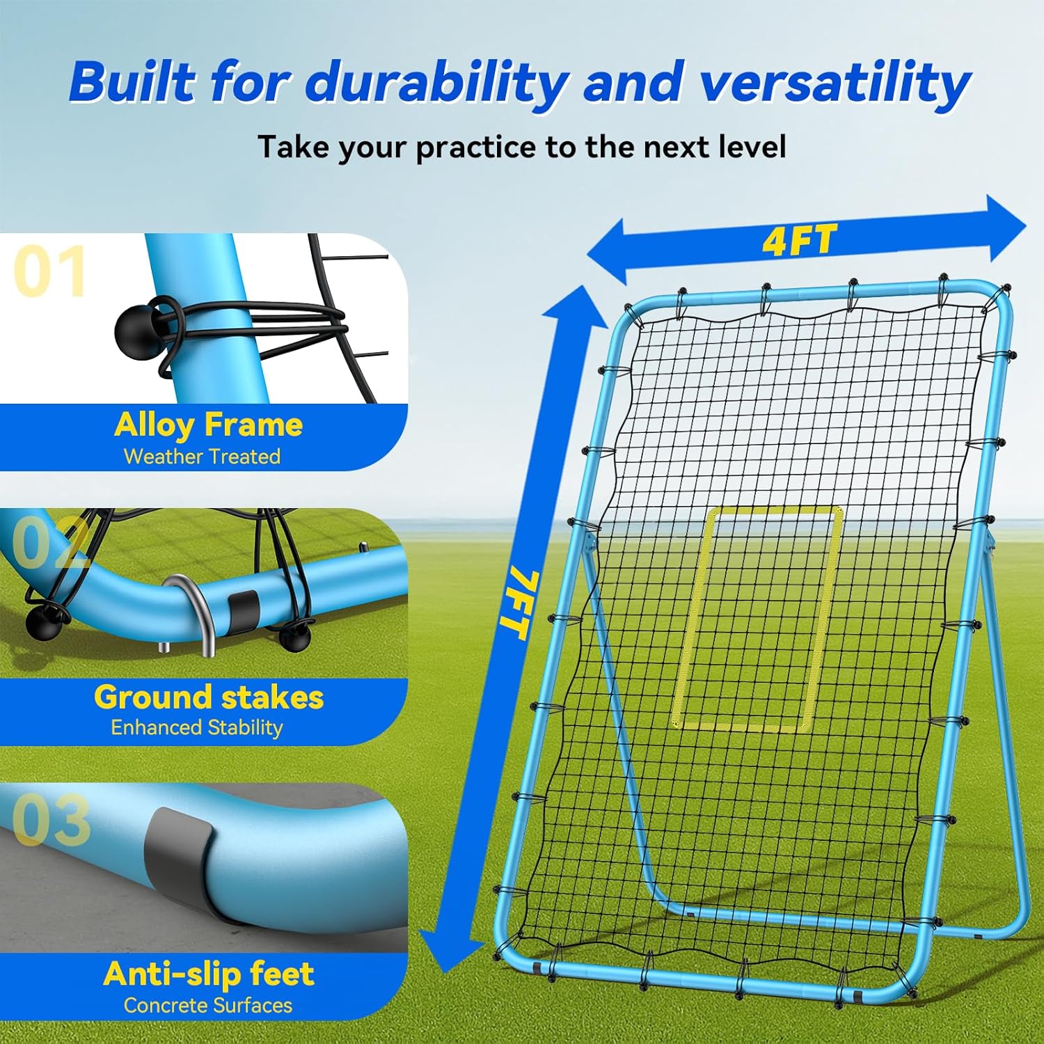 Featuring a patented 2 support bars design that resists twisting. Includes 4 sandbags and 4 ground stakes for added security. The robust frame and high-tensile netting ensure reliable training, even against powerful spikes