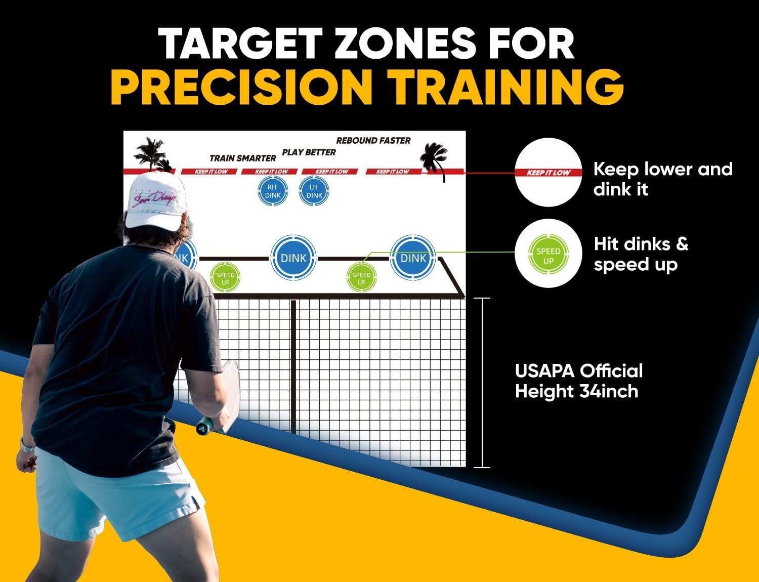 Our pickleball rebounder trainer with strategically placed targets lets you master kitchen control with dinks, volleys, and drops, fine-tune your sweet spot, and perfect your topspins and beyond—ready to Rocket Your Pickleball Game