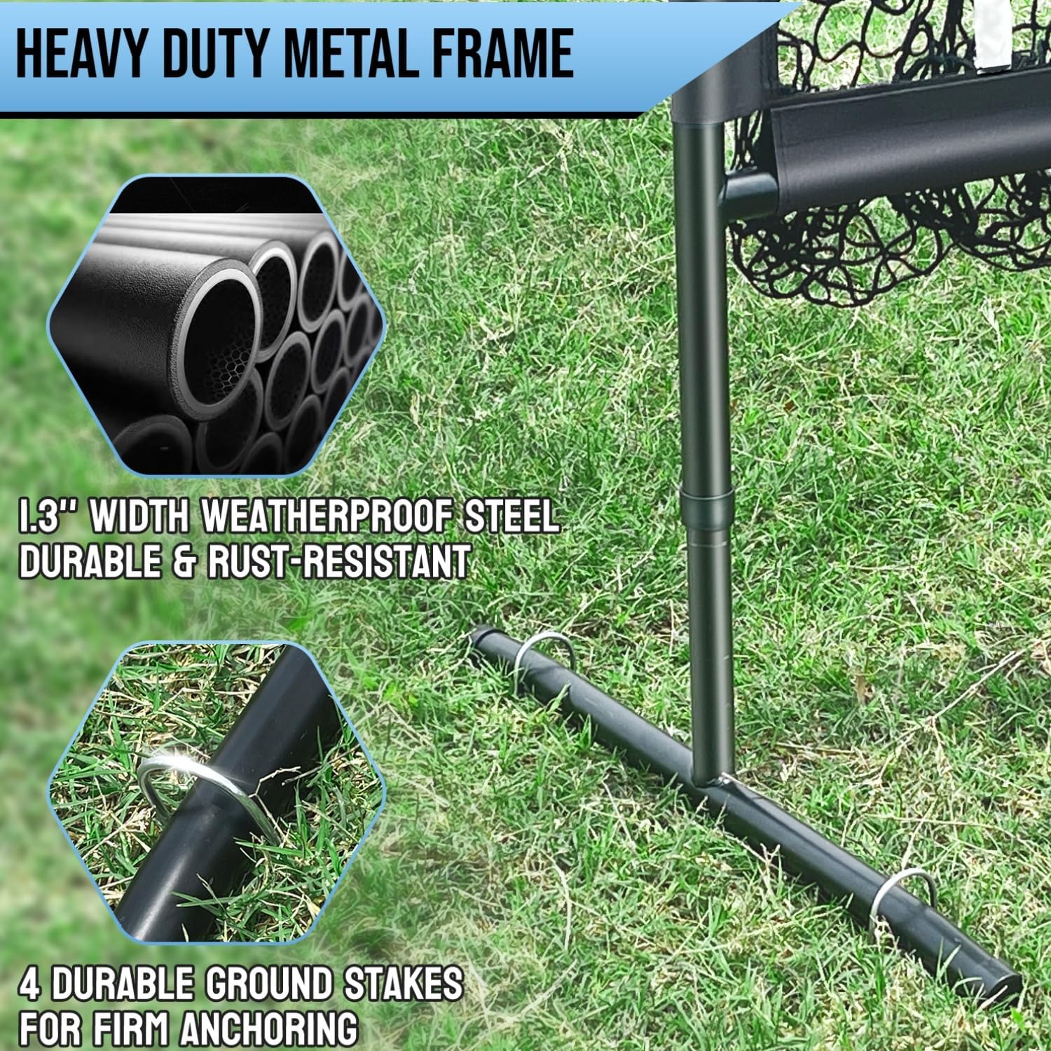 Our 9-hole pitching net is crafted with 1.3inch alloy frame, patented grip stable base design. Each component has undergone strict testing.